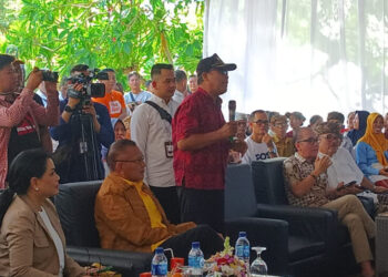 Wayan Sudarsana (berdiri) ketika menyampaikan keluhannya kepada Airlangga Hartarto. Ist