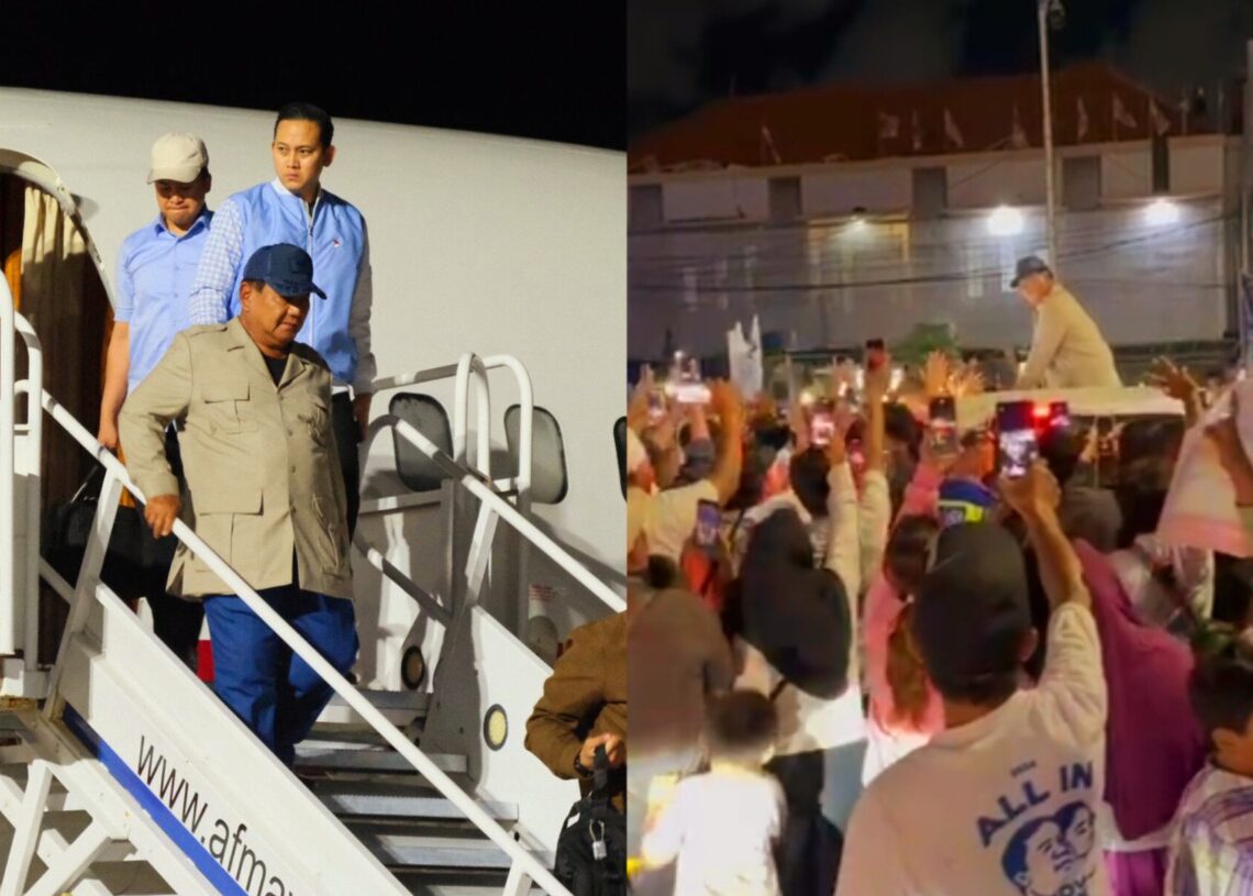 Prabowo Subianto saat turun dari pesawat dan disambut ribuan warga Bali meski sudah larut malam. Balitopik.com