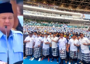 Kolase foto Prabowo saat berpidato dan Pecalang Bali yang sedang bertugas