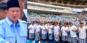 Kolase foto Prabowo saat berpidato dan Pecalang Bali yang sedang bertugas