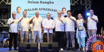De Gadjah (ketiga dari kiri) bersama ketua-ketua partai KIM Bali dalam acara malam apresiasi Prabowo-Gibran, Sabtu (1/6). Balitopik.com