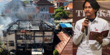 Kolase R.Bg. Angelo Basario Marhaenis (kanan) dan gedung Unud yang terbakar. -Balitopik.com