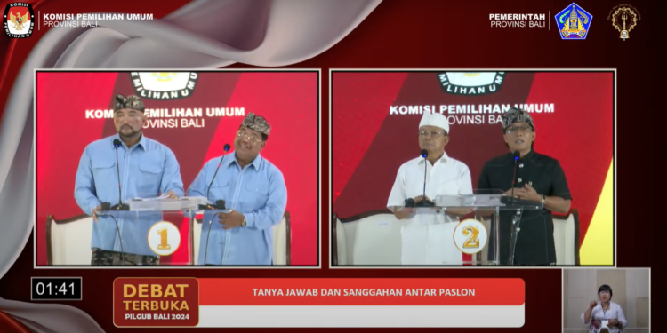 Pasangan Mulia-PAS dan Koster-Giri saat debat pilgub pertama. -Tangkap Layar Youtube KPU Bali