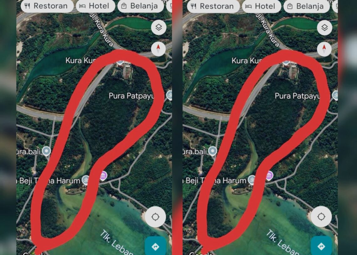 Foto: Kolase tangkapan layar google maps perkiraan area Tahura Ngurah Rai yang akan dikelola PT BTID Kura Kura Bali. -Balitopik.com