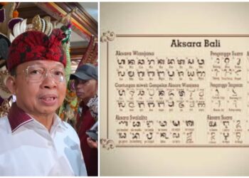 Kolase: Wayan Koster dan Aksara Bali. -Balitopik.com