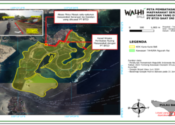 Peta yang membatasi lahan PT BTID dengan lahan masyarakat Kelurahan Serangan.