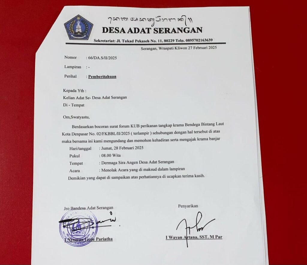 Foto: Surat penolakan pertemuan Forum KUB Perikanan Tangkap Krama Bendega Bintang Laut Kota Denpasar oleh Bendesa Adat Serangan. -Balitopik.com