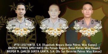 Tiga personel polisi dari Polres Way Kanan Lampung tewas ditembak saat menggerebek lokasi judi sabung ayam. (Foto: Dok. Istimewa)