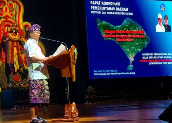 Gubernur Bali Wayan Koster saat Rakor Kepala Daerah di Badung, Bali.