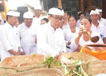 Wakil Wali Kota Denpasar I Kadek Agus Arya Wibawa saat hadiri Upacara Ngingsah Serangkaian Karya di Pura Dalem Pejarakan Ulun Lencana. -HumasDps