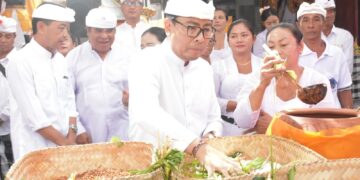Wakil Wali Kota Denpasar I Kadek Agus Arya Wibawa saat hadiri Upacara Ngingsah Serangkaian Karya di Pura Dalem Pejarakan Ulun Lencana. -HumasDps
