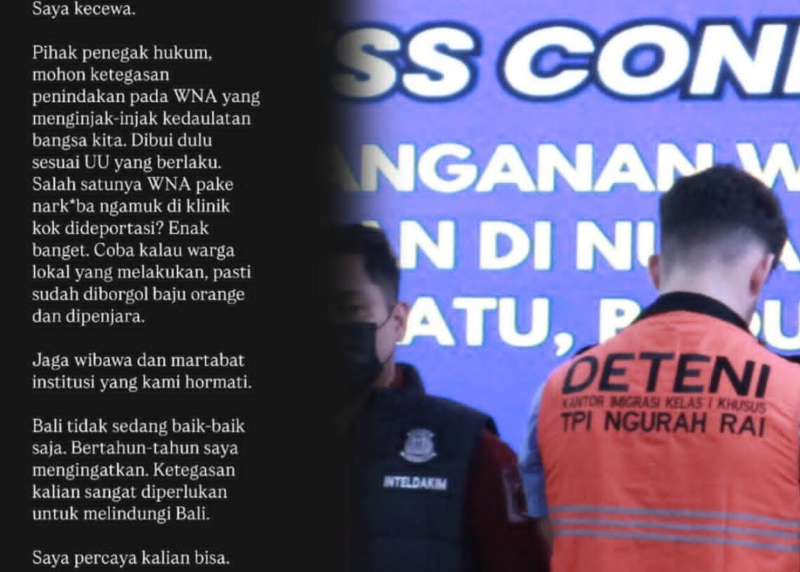 Kolase: Tangkap layar postingan Niluh Djelantik dan WNA inisial MM yang dideportasi. -Balitopik.com