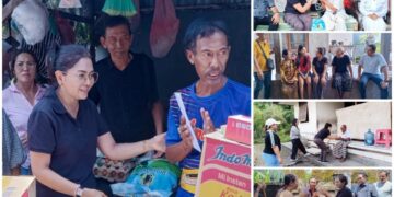 Ketua Tim Penggerak (TP) PKK Kabupaten Badung Nyonya Rasniathi Adi Arnawa saat memberikan bantuan kepada warga di Kelurahan Abianbase dan Kelurahan Sempidi. -IST