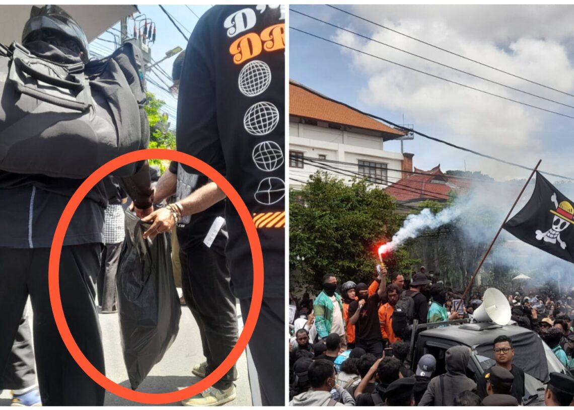 Kolase: Tim sampah saat berkeliling memungut sampah (kiri) dan orasi dari Aliansi Bali Tidak Diam di depan Polda Bali. -Balitopik.com