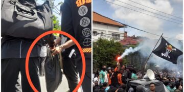 Kolase: Tim sampah saat berkeliling memungut sampah (kiri) dan orasi dari Aliansi Bali Tidak Diam di depan Polda Bali. -Balitopik.com