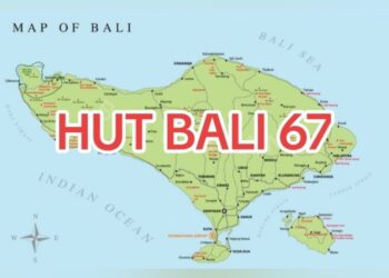 Peta Pulau Bali berisi tulisan "HUT Bali 67" pada tahun 2025. -Balitopik.com