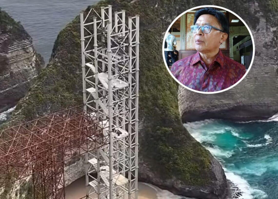 Kolase: Proyek lift di Pantai Kelingking dan Pansus TRAP DPRD BaliI Made Supartha. -IST/Balitopik.com