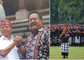 Kolase: Gubernur Bali Wayan Koster dan Wakil Gubernur DKI Jakarta Rano Karno dan Pecalang Bali. -Balitopik.com
