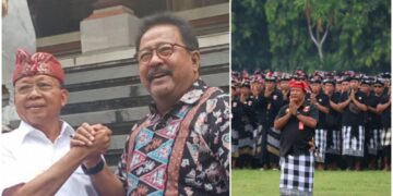 Kolase: Gubernur Bali Wayan Koster dan Wakil Gubernur DKI Jakarta Rano Karno dan Pecalang Bali. -Balitopik.com