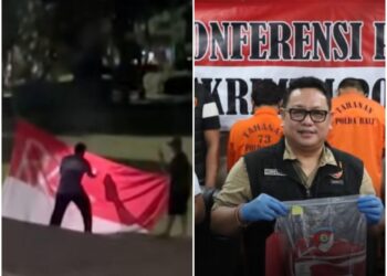 Polisi saat konferensi pers penangkapan terhadap dua pelaku yang mencoret bendera merah putih di Jembrana. -IST