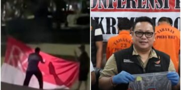 Polisi saat konferensi pers penangkapan terhadap dua pelaku yang mencoret bendera merah putih di Jembrana. -IST