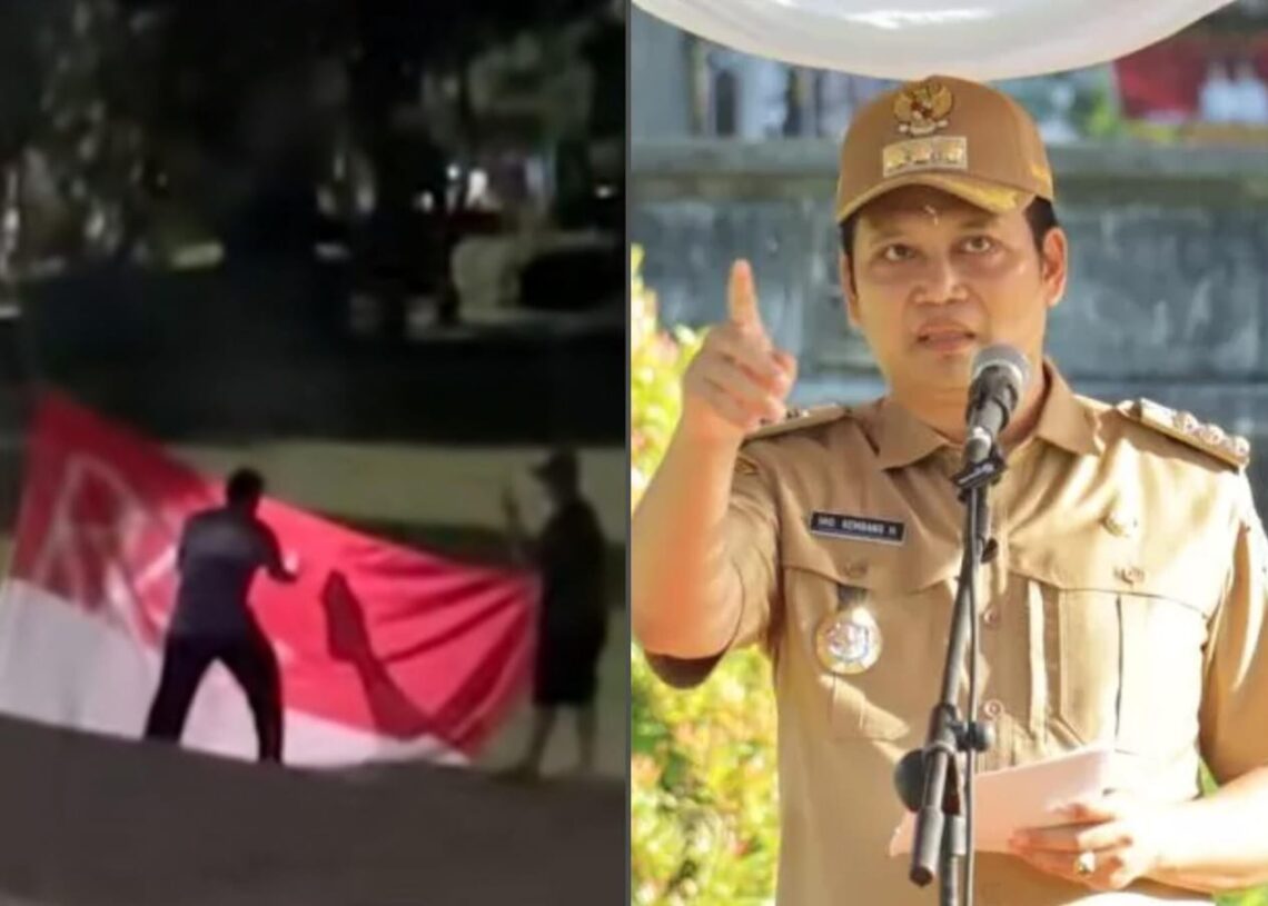 Kolase: Bupati Jembrana I Made Kembang Hartawan (kanan) aksi coret Bendera Merah Putih yang viral. -IST