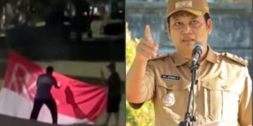 Kolase: Bupati Jembrana I Made Kembang Hartawan (kanan) aksi coret Bendera Merah Putih yang viral. -IST