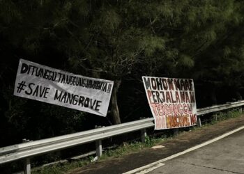 Spanduk berisi pesan sindiran terhadap matinya mangrove di benoa. -IST/BALITOPIK.COM
