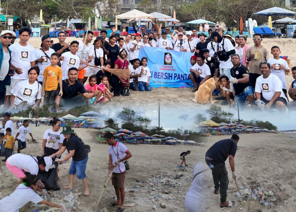 Warga Komunitas Bungawaru Alor di Bali saat aksi bersih pantai Kuta dan Legian. -BALITOPIK.COM