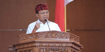 Gubernurali Wayan Koster saat pidato satu tahun Koster-Giri. -IST/BALITOPIK.COM