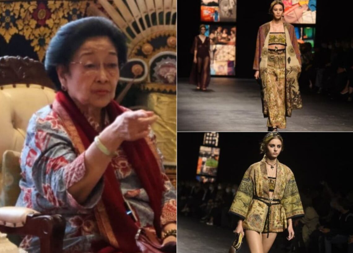 Kolase: Megawati Soekarnoputri dan 2 model saat tampilkan produk Dior yang gunakan Kain Endek Bali pada gelaran Paris Fashion Week September 2020 lalu. -IST/BALITOPIK.COM