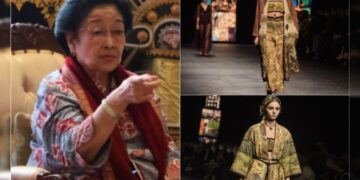 Kolase: Megawati Soekarnoputri dan 2 model saat tampilkan produk Dior yang gunakan Kain Endek Bali pada gelaran Paris Fashion Week September 2020 lalu. -IST/BALITOPIK.COM