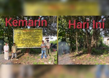 Potret spanduk yang terpasang kemarin dan yang telah dibongkar hari ini. -BALITOPIK.COM