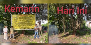 Potret spanduk yang terpasang kemarin dan yang telah dibongkar hari ini. -BALITOPIK.COM
