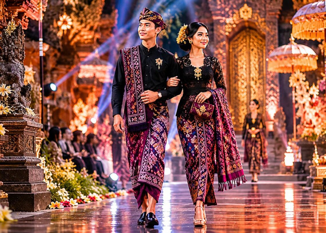 Foto: ilustrasi sepasang orang muda Bali sedang memakai kain endek Bali dalam acara fashion show. -BALITOPIK.COM