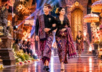 Foto: ilustrasi sepasang orang muda Bali sedang memakai kain endek Bali dalam acara fashion show. -BALITOPIK.COM