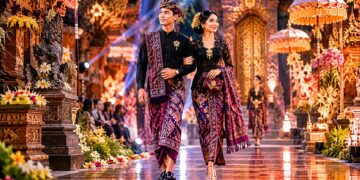 Foto: ilustrasi sepasang orang muda Bali sedang memakai kain endek Bali dalam acara fashion show. -BALITOPIK.COM