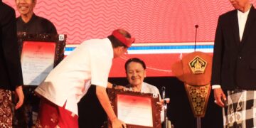 Gubernur Wayan Koster saat memberikan penghargaan kepada salah satu penerima Adi Sewaka Nugraha. -IST