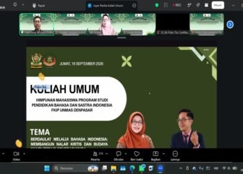 Tangkap Layar Kuliah Umum via Zoom yang Digelar Himpunan Mahasiswa Program Studi (HMPS) Pendidikan Bahasa dan Sastra Indonesia (PBSI) FKIP Universitas Mahasaraswati (Unmas) Denpasar.