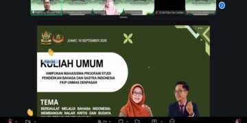 Tangkap Layar Kuliah Umum via Zoom yang Digelar Himpunan Mahasiswa Program Studi (HMPS) Pendidikan Bahasa dan Sastra Indonesia (PBSI) FKIP Universitas Mahasaraswati (Unmas) Denpasar.