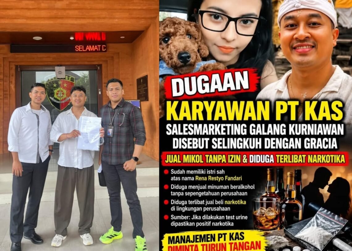 Kolase: Galang F. Kurniawan didampingi tim hukum (foto kiri) dan grafis postingan media sosial Global Bali Dewata. -IST